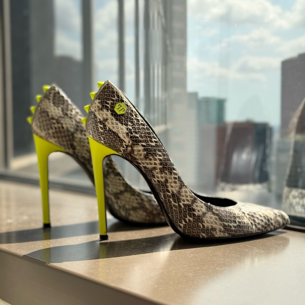 Philipp Plein Snake Print Heels with Neon Accents (Perfect Condition)